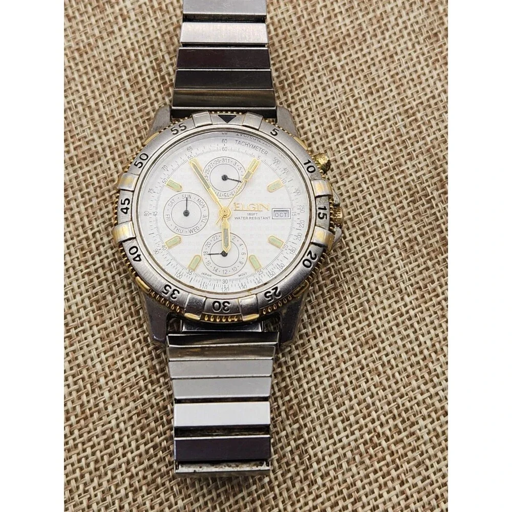 ELGIN FS321B Chrono Day/Date/Month Two-Tone Unisex Wristwatch New Battery